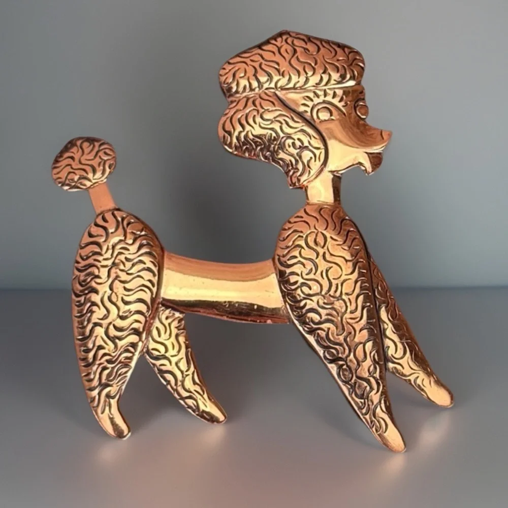 Vintage Etched Copper Poodle Dog Brooch Pin